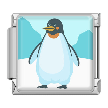 Wild Animal and Safari Wildlife Italian Charms – silver-framed penguin standing on ice with mountains enamel charm, Italian charm bracelet charm by Charmtastic