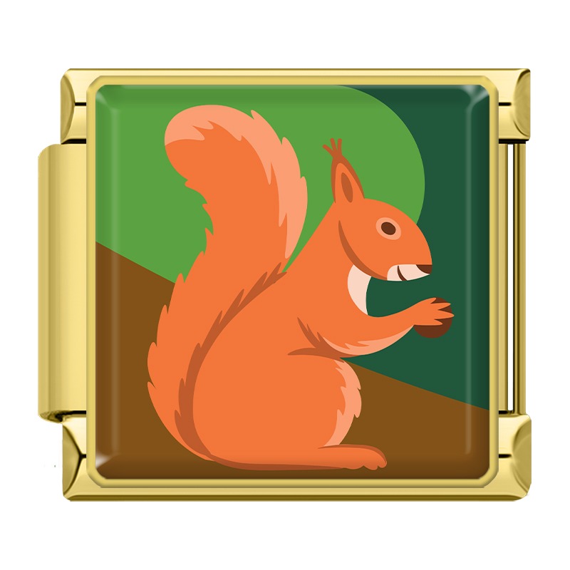 Wild Animal and Safari Wildlife Italian Charms – gold-framed orange squirrel holding an acorn on green and brown background enamel charm, Italian charm bracelet charm by Charmtastic