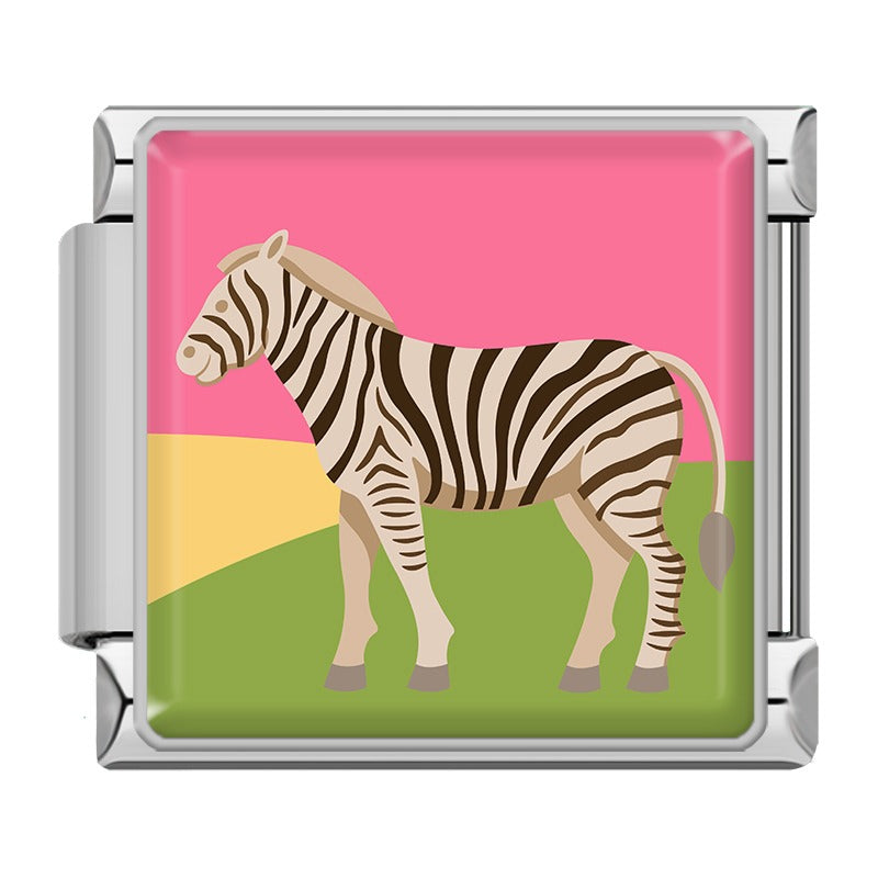 Wild Animal and Safari Wildlife Italian Charms – silver-framed zebra standing on green grass with pink and yellow sky background enamel charm, Italian charm bracelet charm by Charmtastic