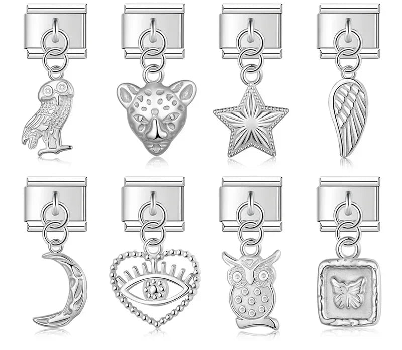 Wing Star Owl Moon Heart silver charms – overview of owl, leopard, star, wing, moon, eye heart, owl and butterfly charm designs, Italian charm bracelet charms by Charmtastic