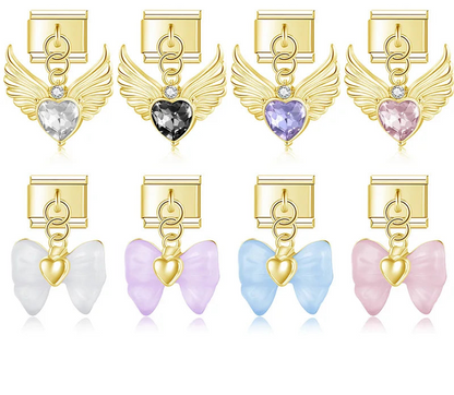 gold Italian charm bracelet links featuring angel wings with heart crystals and translucent resin bows with golden heart centers.