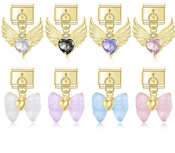 gold Italian charm bracelet links featuring angel wings with heart crystals and translucent resin bows with golden heart centers.