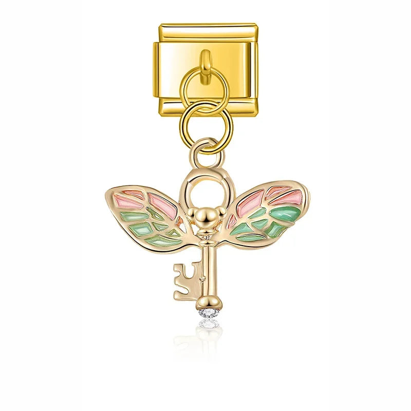 Colour Wing Key Heart Dog Charms – winged key charm with CZ in gold, Italian charm bracelet charm by Charmtastic