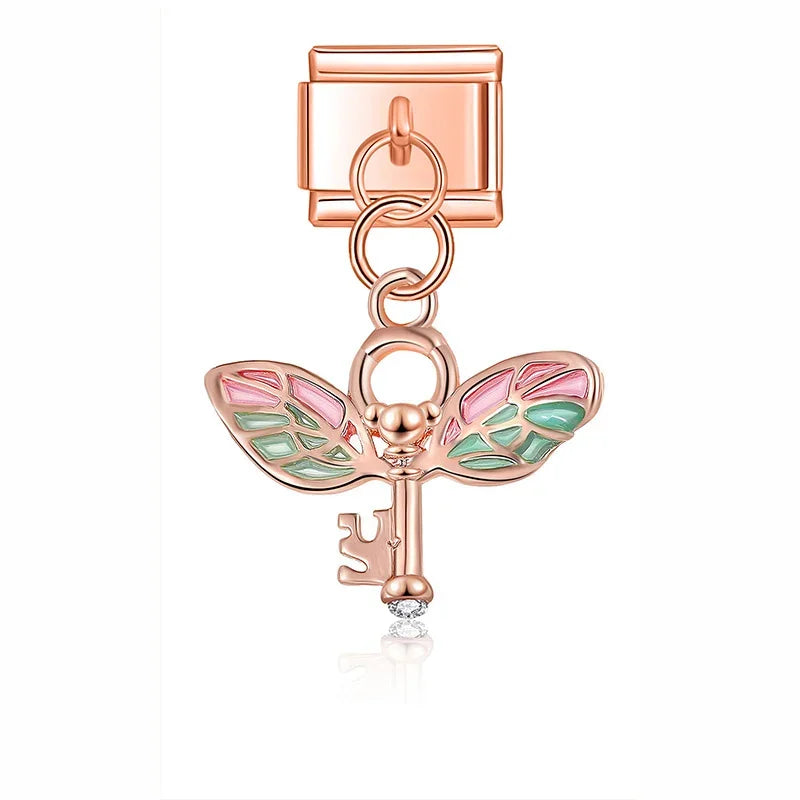 Colour Wing Key Heart Dog Charms – winged key charm with CZ in rose gold, Italian charm bracelet charm by Charmtastic
