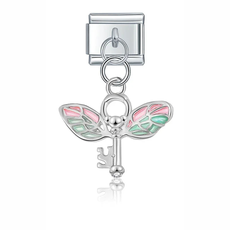 Colour Wing Key Heart Dog Charms – winged key charm with CZ in silver, Italian charm bracelet charm by Charmtastic