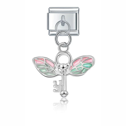 Colour Wing Key Heart Dog Charms – winged key charm with CZ in silver, Italian charm bracelet charm by Charmtastic