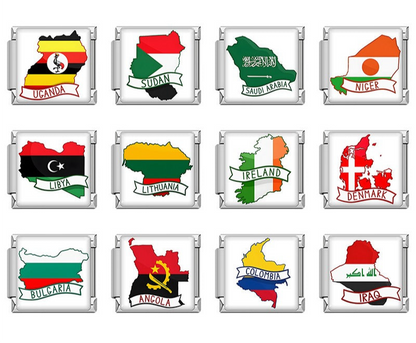 World Flags & Maps Charm silver – country flag map charms collection (Uganda, Sudan, Saudi Arabia, Niger, Libya, Lithuania, Ireland, Denmark, Bulgaria, Angola, Colombia, Iraq), Italian charm bracelet charms by Charmtastic