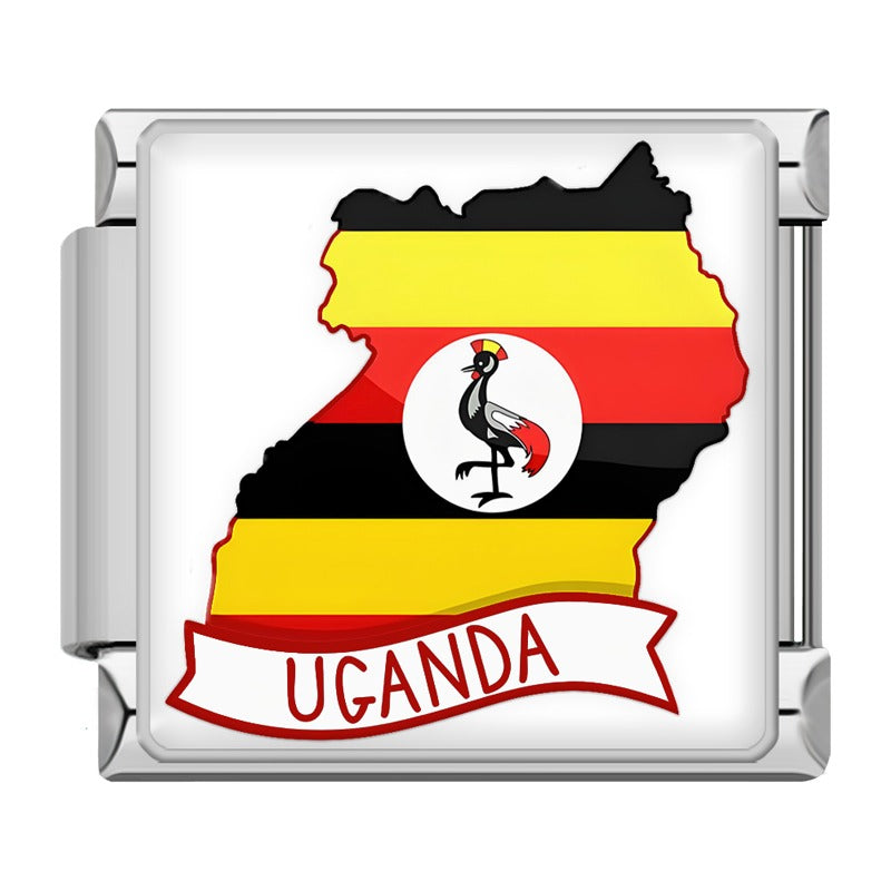 World Flags & Maps Charm silver – Uganda flag map charm, Italian charm bracelet charm by Charmtastic