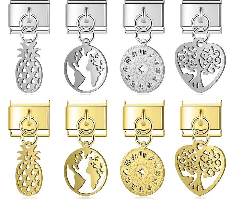 World Map Heart Tree Sun Pineapple charms silver&gold – overview of pineapple, world map, zodiac wheel and tree of life heart charm designs in silver and gold, Italian charm bracelet charms by Charmtastic