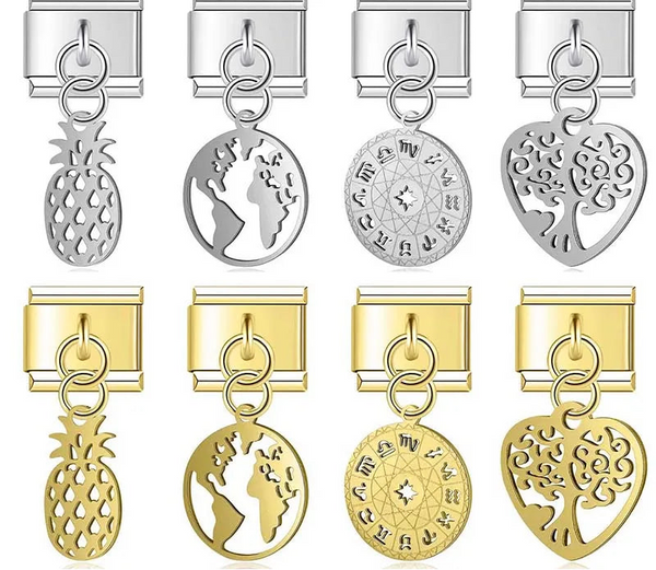 World Map Heart Tree Sun Pineapple charms silver&gold – overview of pineapple, world map, zodiac wheel and tree of life heart charm designs in silver and gold, Italian charm bracelet charms by Charmtastic