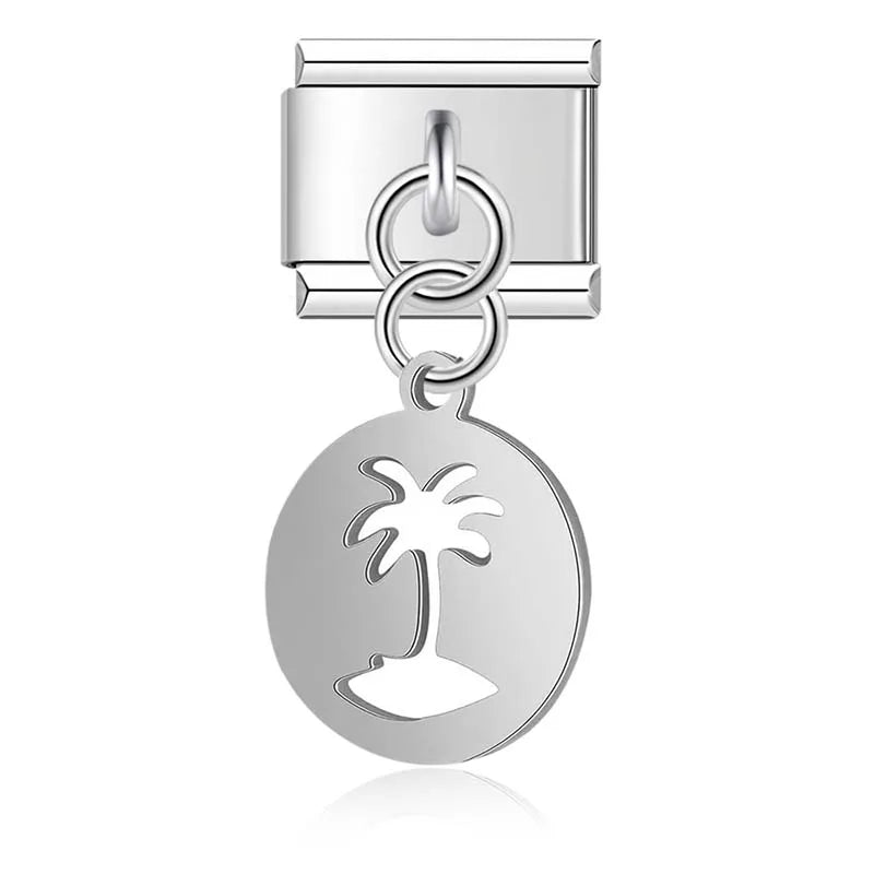 World Map Heart Tree Sun Pineapple charms silver&gold – palm tree island charm in silver, Italian charm bracelet charm by Charmtastic