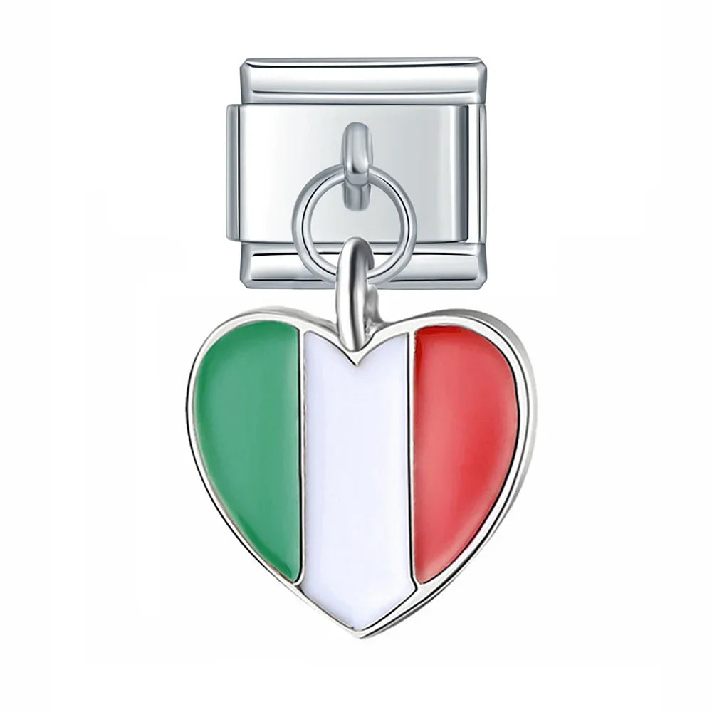 world national flags pendant charms – Italy flag heart dangle charm, Italian charm bracelet charm by Charmtastic