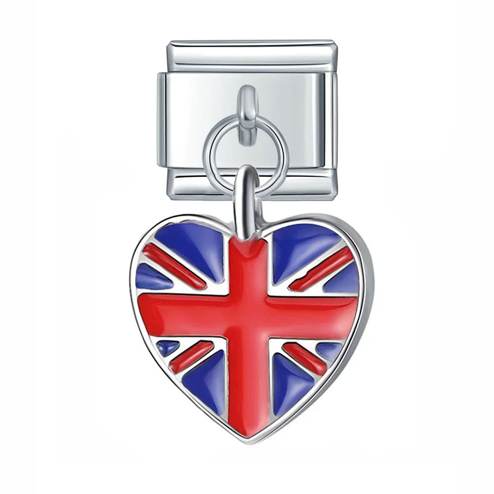 world national flags pendant charms – UK flag heart dangle charm, Italian charm bracelet charm by Charmtastic