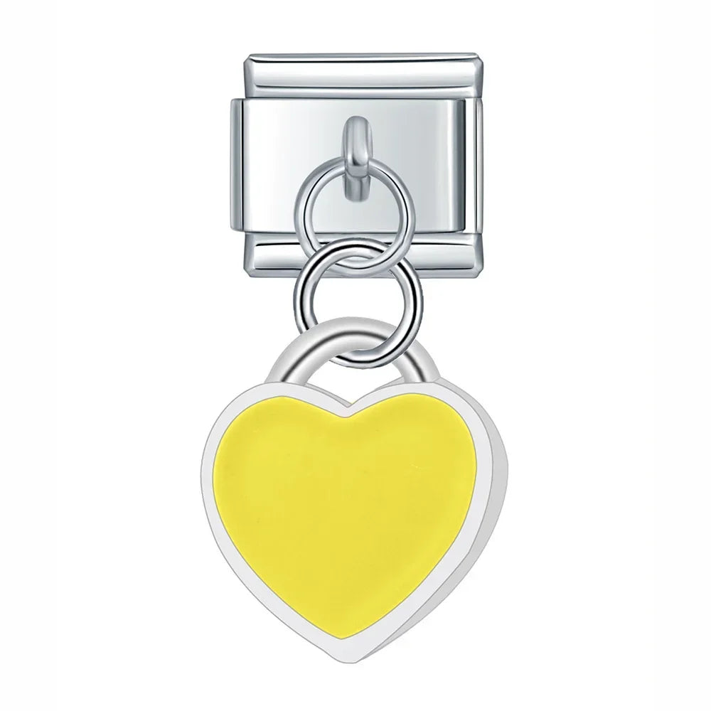 Yellow enamel heart dangle silver Italian charm, by Charmtastic