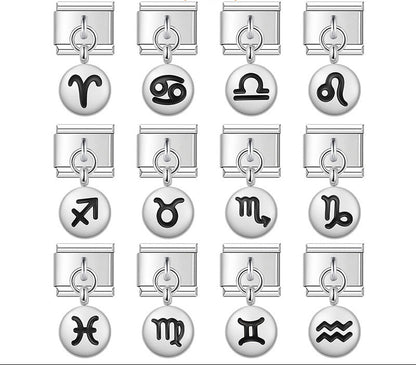 A 9mm Italian charm featuring a round metallic coin dangle etched with a black enamel zodiac sign. Available in all 12 astrological signs in both silver and gold finishes.