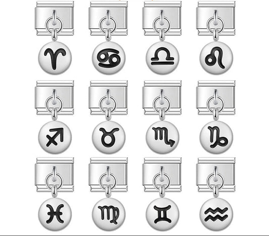 A 9mm Italian charm featuring a round metallic coin dangle etched with a black enamel zodiac sign. Available in all 12 astrological signs in both silver and gold finishes.